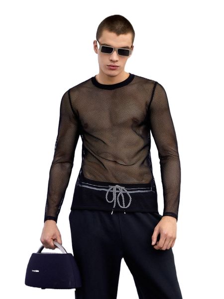 

men long sleeve semi sheer mesh tee v7hg#, White;black