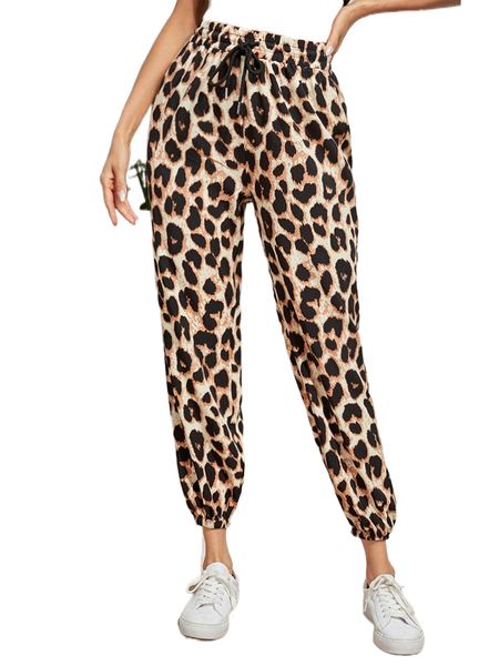 

leopard print drawstring waist pants v99m#, Black;white