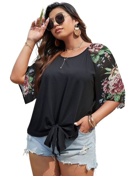 

plus floral print raglan sleeve knot hem u86l#, Black