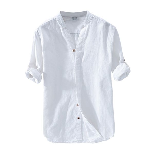Baumwollleinen lässig Hemden für Männer Basic Classic weißes Hemd Herbst Männchen Langarm Stehkragen Atmungsaktive Herrenbekleidung 220324