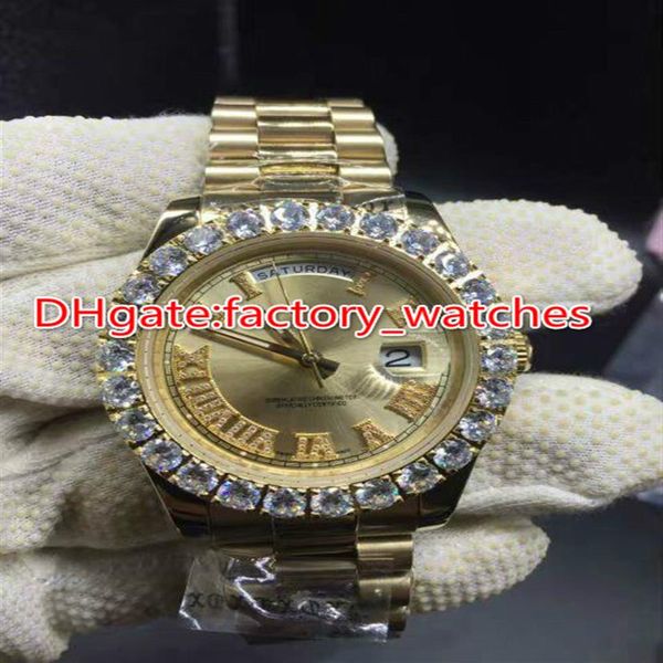 

prong set diamonds bezel watch automatic mens luxury gold 42mm case gold dial roman markers date gold big diamond watches3587, Slivery;brown