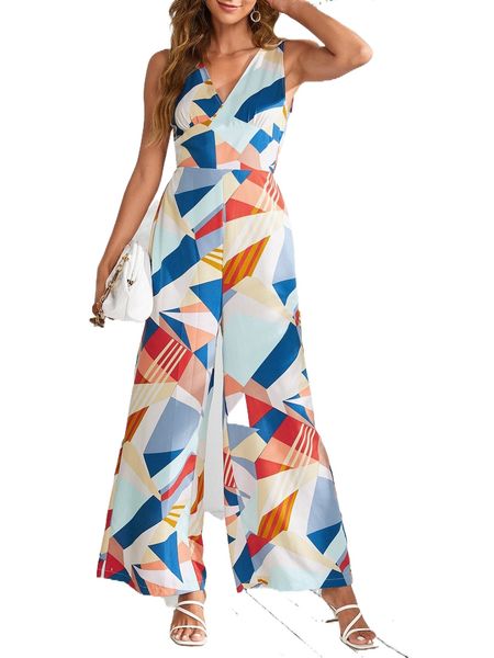 

geo print tie backless wide leg jumpsuit 42hb#, Black;white