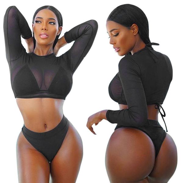 

women's swimwear colors bikini more size s-3xl swimsuit women solid high waist perspective mesh long sleeve bikinis set 3 pieceswomen&#, White;black