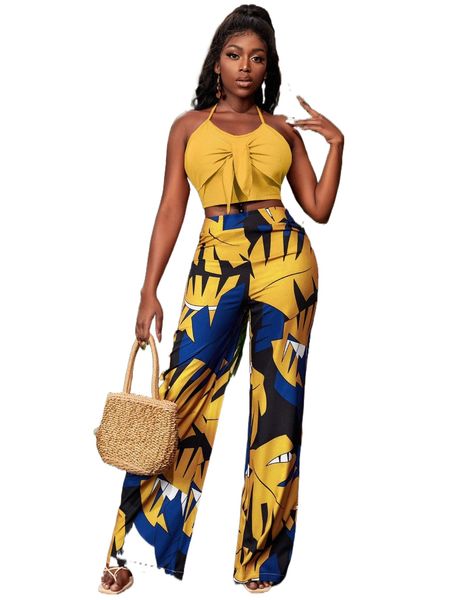 

tie backless halter & allover print pants u1nf#, White