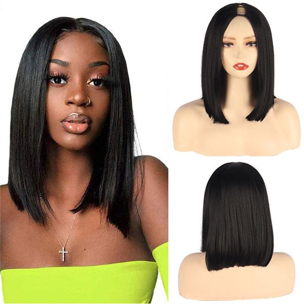 Yaki V Part Wig Kinky Curl Wigs resistentes ao calor para mulheres sem cola u molda a onda de água reta Bob peruca