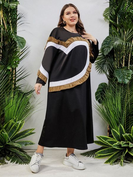 

plus contrast panel ruffle trim drop shoulder dress 23zv#, Black