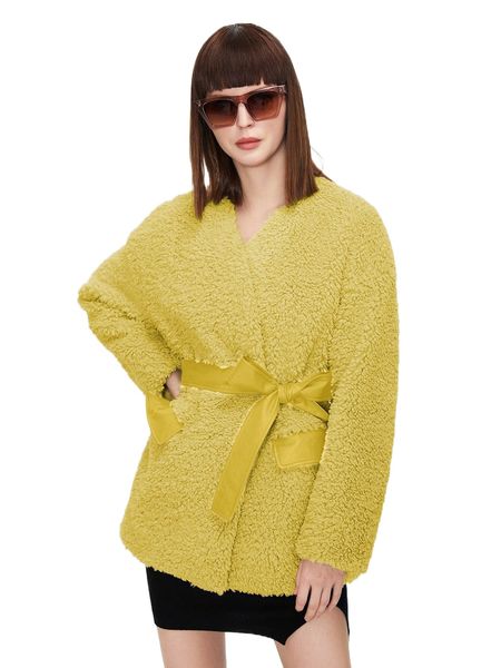

ziai solid pocket detail belted shearling coat q2ke#, Black