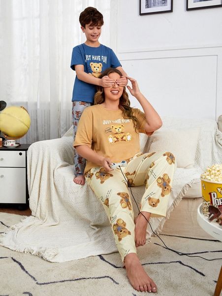 

plus 1set slogan & bear print pj set j0m0#, Black;white