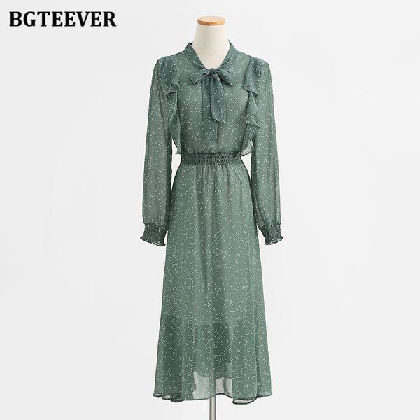 

stylish autumn bow neck women dress vintage ruffles full sleeve elastic waist chiffon a-line female dress vestidos 2021, Black;gray