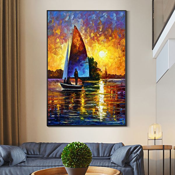 

classical landscape canvas poster and printed sunset boat oil painting wall art picture living room interior mural