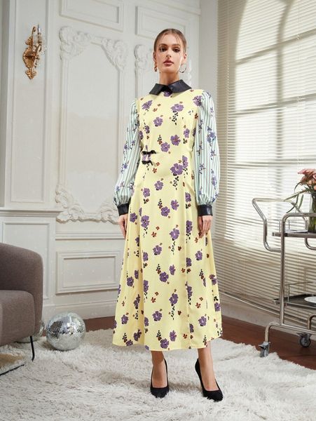 

x new romance contrast collar floral print dress s5y0#, Black;gray