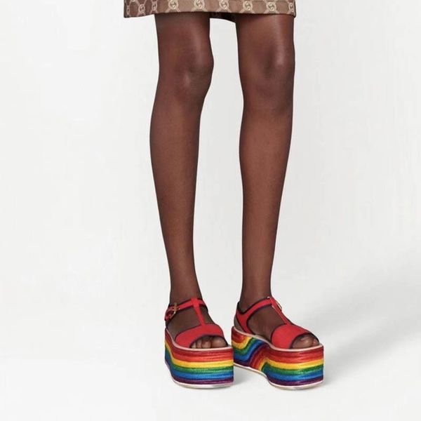 

2022 spring and summer rainbow sandals designer new open toe square toe high heels straw woven platform sandals size 35-41 with box, Black
