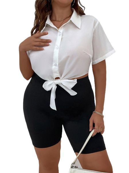 

plus solid button front shirt & biker shorts u8il#, Black