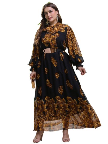 

plus floral print tie neck bishop sleeve belted dress l9sq#, Black