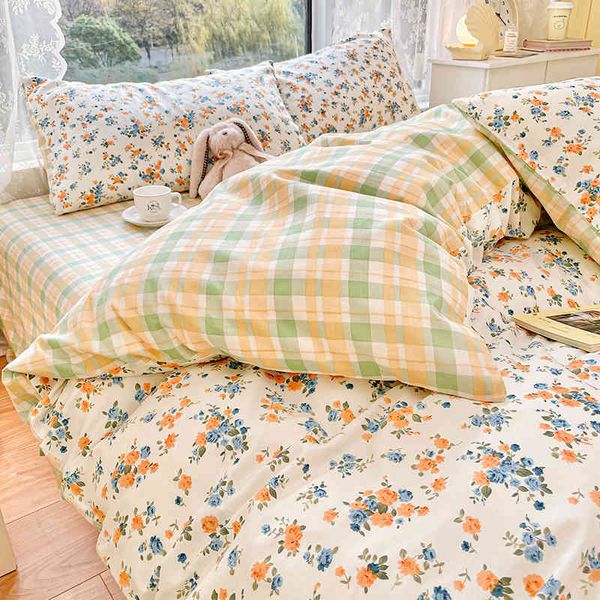 Home Bettwäsche-Set mit Blumendruck, 100 % Baumwolle, weich, hautfreundlich, bequemer Bettbezug mit Laken, reine Baumwolle, s