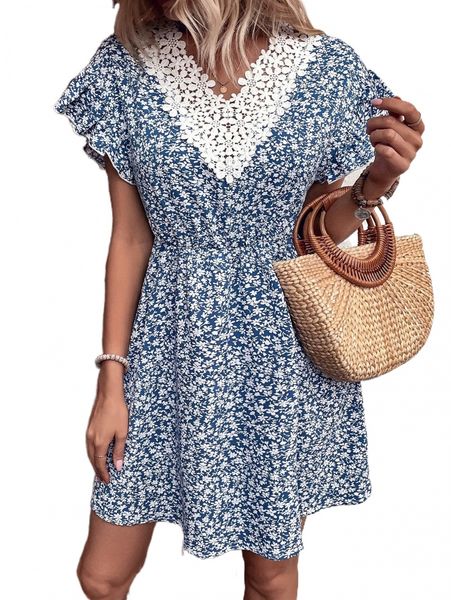 

ditsy floral print guipure lace panel butterfly sleeve dress g2ej#, Black;gray