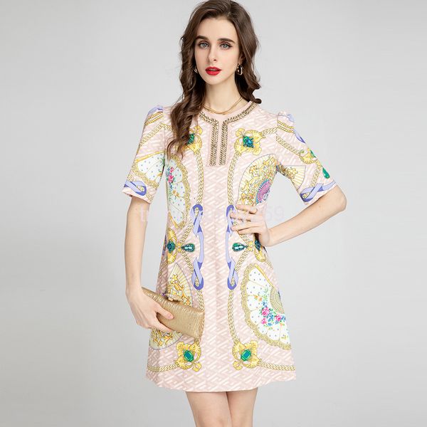 

casual dresses spring and summer women's wear round neck heavy industry nail bead short sleeve yellow printing waist closing thin dress, Black;gray