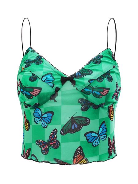 

x mine eyes butterfly print lettuce trim mesh cami u64c#, White