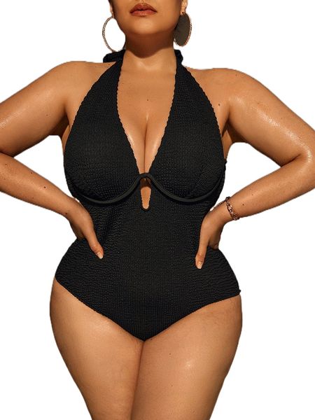 

plus cut out tie backless halter one piece swimsuit 71cb#, White;black