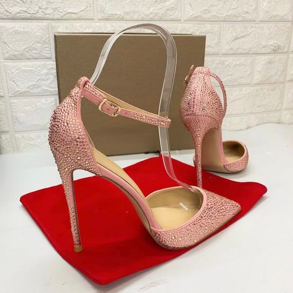 Designer-Sexy lady Casual Designer moda donna scarpe punta a punta stiletto spogliarellista tacco alto cristallo rosa strass Prom sera pompe 12c