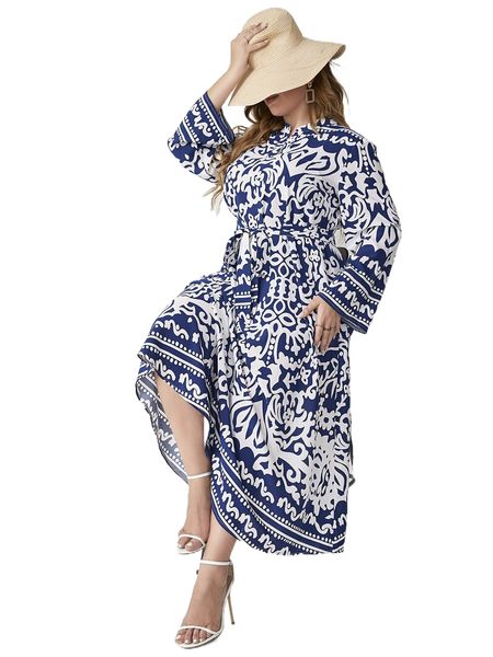 

plus allover print notched neck belted dress s9dt#, Black