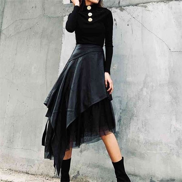 

lanmrem spring autumn new pu leather skirt in the long section of high waist aline long irregular mesh skirt 19ba444 210325, Black