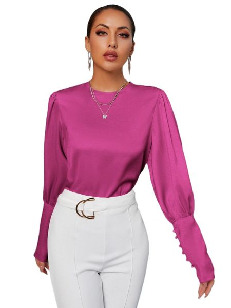 

buttoned cuff lantern sleeve blouse 25l4#, White