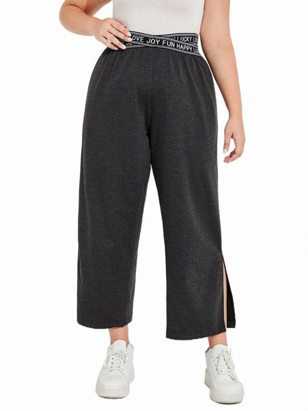 

plus letter tape split hem pants 83tq#, Black