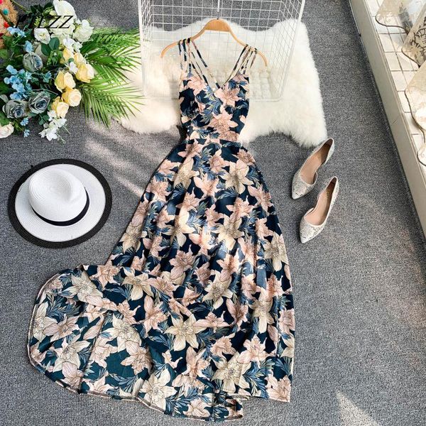 

ftlzz women floral print dress summer v-neck backless long dresses female elegant bohemian party dress vestido cx220510, Black;gray