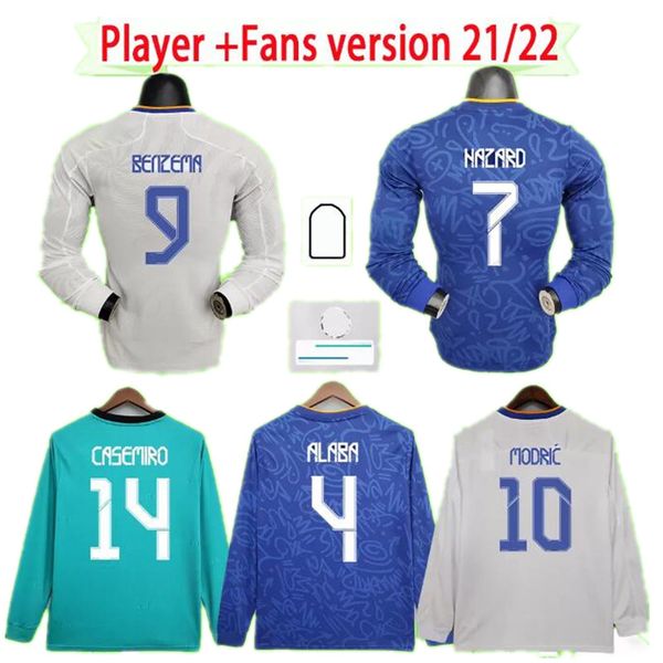 

fans version 2021 2022 madrid soccer jerseys long sleeve full home away 3rd bale camiseta mens 21 22 benzema football shirts hazard alaba un, Black;yellow