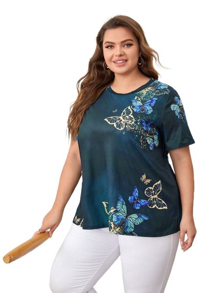

emery rose plus butterfly print tee t5y6#, Black