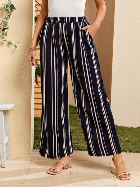 

emery rose colorful striped slant pockets wide leg pants 175d#, Black;white