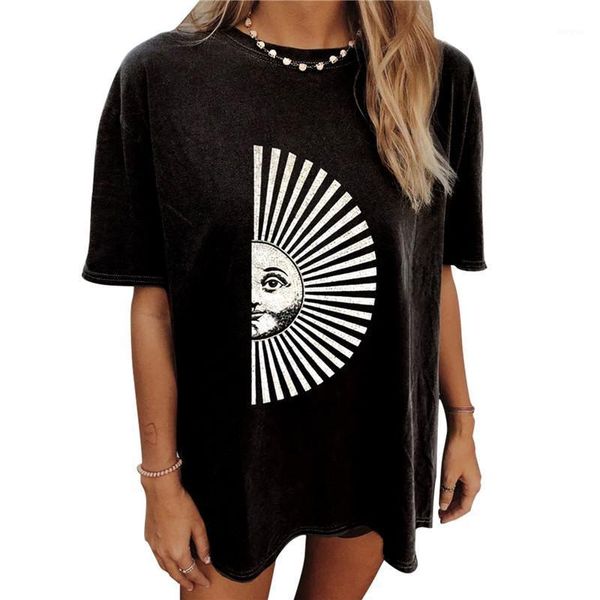 T-shirt da donna da donna oversize allentata da donna estiva hippie nera stampata modello manica corta colletto tondo top magliette femminili 2022
