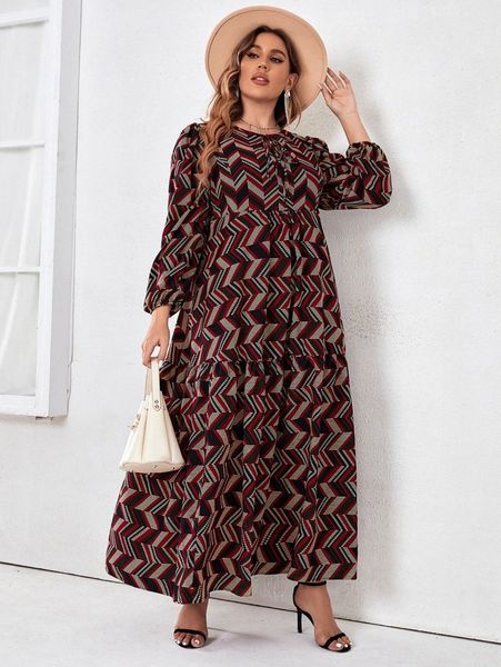 

plus geo print tie neck lantern sleeve ruffle hem dress y9vn#, Black