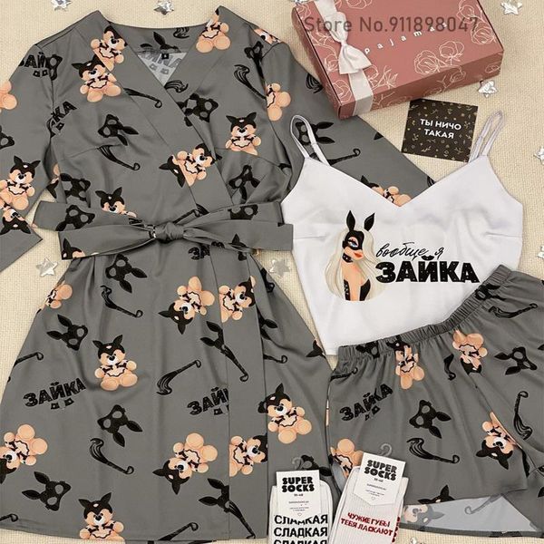 

womens dressing gown pajamas bra set animal bear print sleepwear fashion satin robe female bathrobe peignoir femme pijama, Black;red