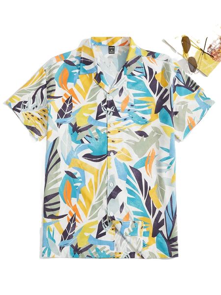 

men tropical print lapel neck shirt 55pc#, White;black