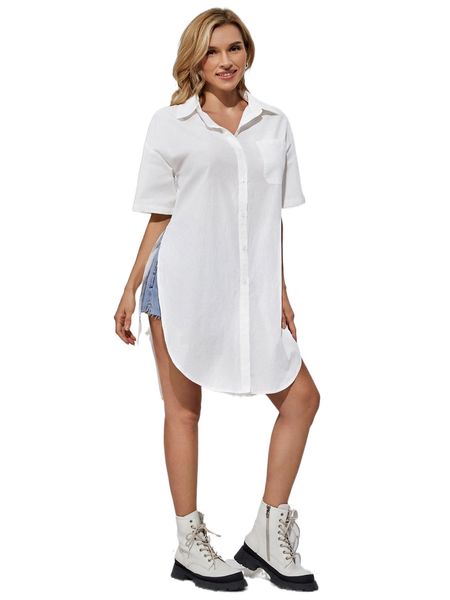 

drop shoulder patch pocket split side blouse r9x9#, White