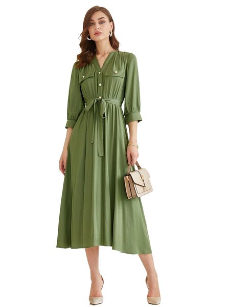 

quarter button lantern sleeve belted dress e0er#, Black;gray