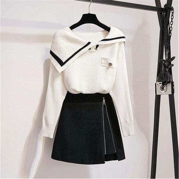 

ichoix 2 piece skirt set student korean style sweet women 2 piece set fall white knitted sweater casual two piece outfits t200325