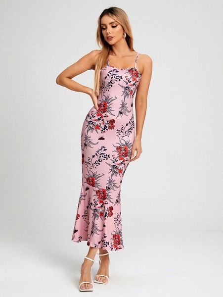 

1pc floral print mermaid hem cami dress 74ko#, Black;gray