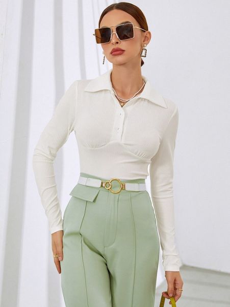 

polo neck ribbed knit tee v8oa#, White