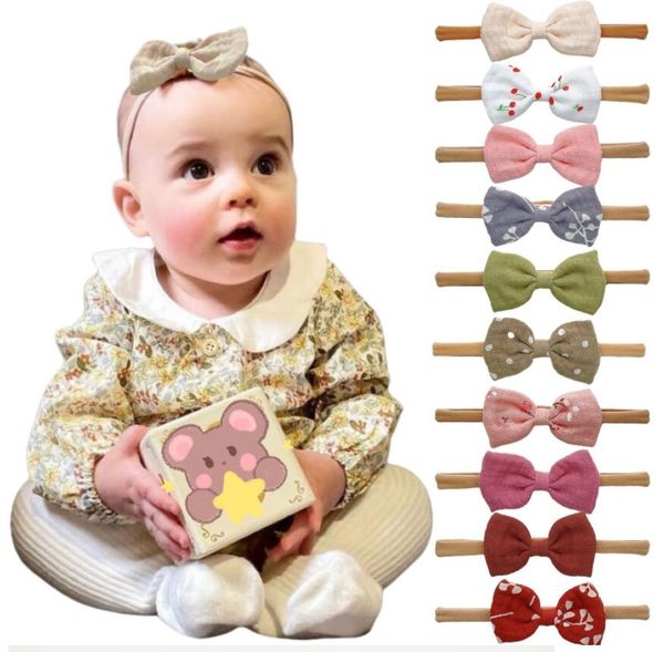 

newborn floral printed muslin cotton nylon headbands girls hair bow nylon headband baby knotbow elastic hair bands kid, Slivery;white