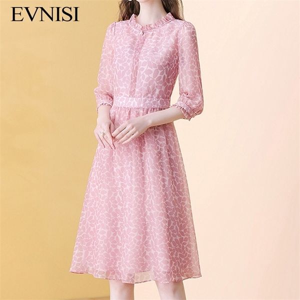 

evnisi french pink floral chiffon dress women spring and summer dresses print aline oneck sweet dress for women 220526, Black;gray