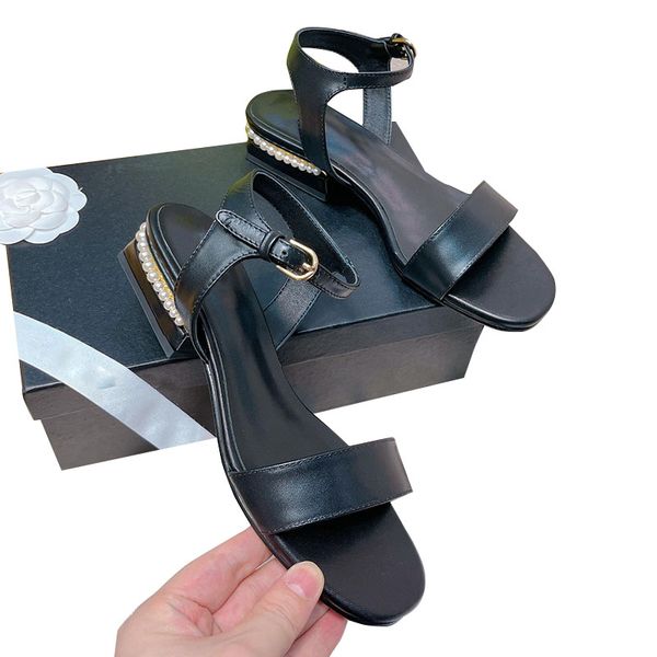 

classic black pearl transparent lace woman sandals sheepskin slingback chunky heel height 3cm/8.5cm designer slide luxury fashion mule ladie