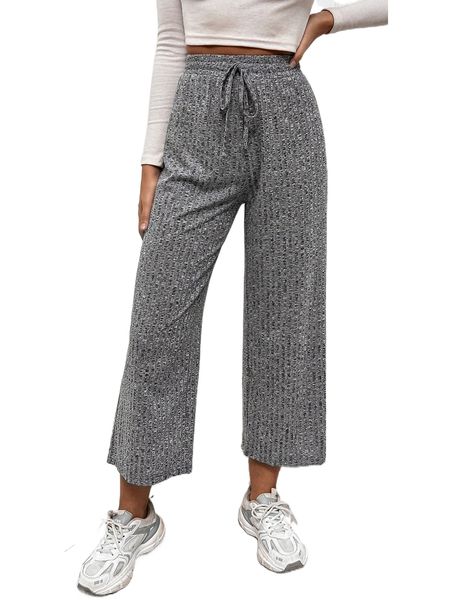 

marled knit tie waist wide leg pants y45x#, Black;white