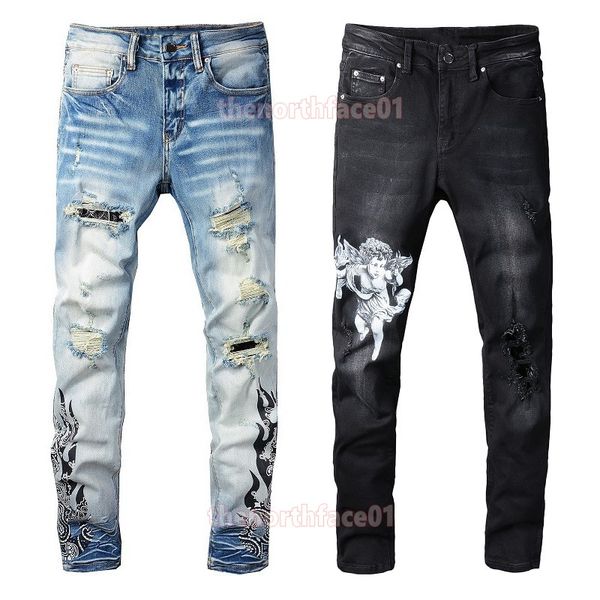 

mens jeans distressed ripped biker jean slim fit motorcycle denim pant large size mens pants, Blue