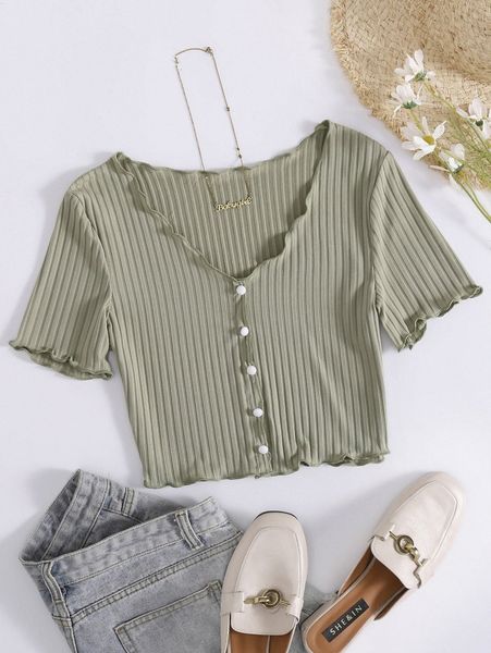 

lettuce trim button front tee 07gf#, White