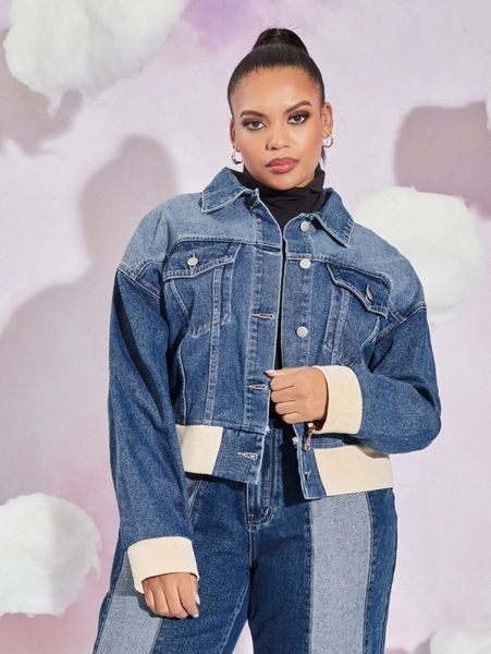 

plus colorblock drop shoulder denim jacket 8762#, Black;brown