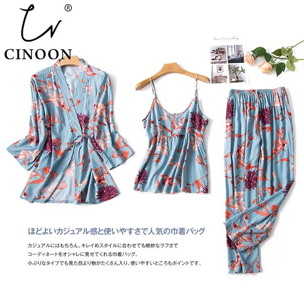 

cin 3 pcs fashion ladies pajamas set floral printed cotton silk blend fresh style sleepwear set mxxl loungewear y200425, Black;red