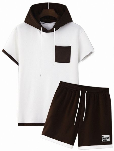 

men color block drawstring hooded tee & slogan graphic shorts y0j1#, Gray